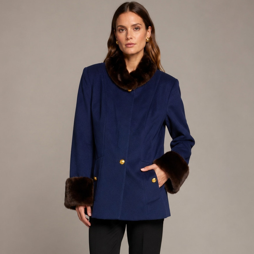 Neiman Marcus 6 Wool Coat Fur Trim $790 LUXURY Jacket Gold Buttons Navy Blue